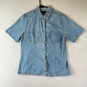 Vintage Breeches Denim Shirt Womens 10 Cotton Short Sleeve Button Up USA 1980s